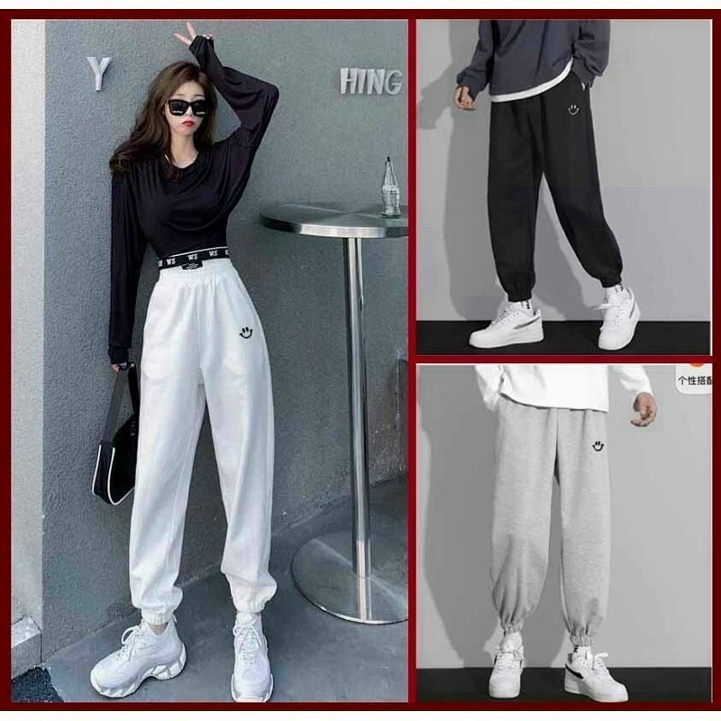 Quần jogger nỉ in mặt cười - QUẦN DÀI NAM NỮ BO GẤU ỐNG RỘNG