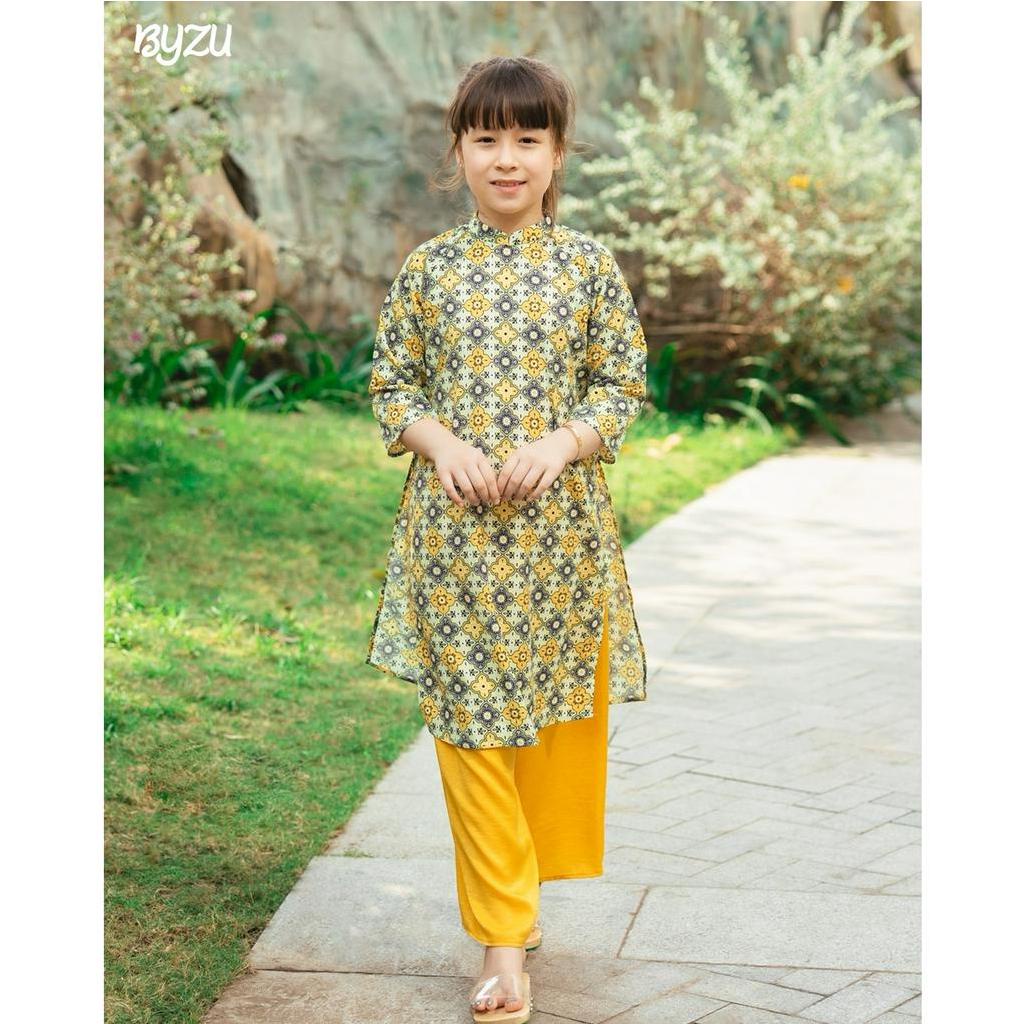 Áo Dài Bé Gái BYZU Mẫu Cô Ba Sài Gòn Mới Nhất, Vải Lụa Cao Cấp Màu Vàng ADT2206
