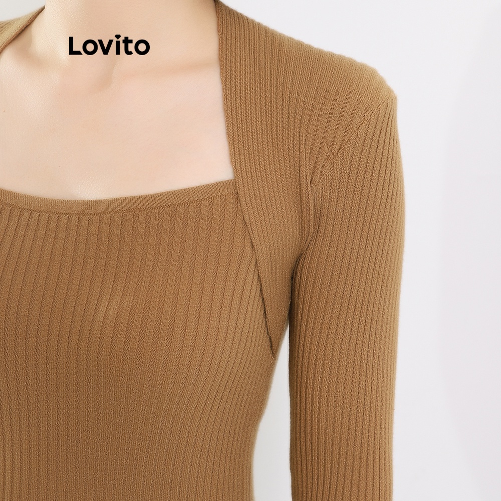 Áo sweater Lovito dáng ôm tay dài cổ vuông giản đơn duyên dáng hợp thời trang L08219 (be/cà phê) | BigBuy360 - bigbuy360.vn