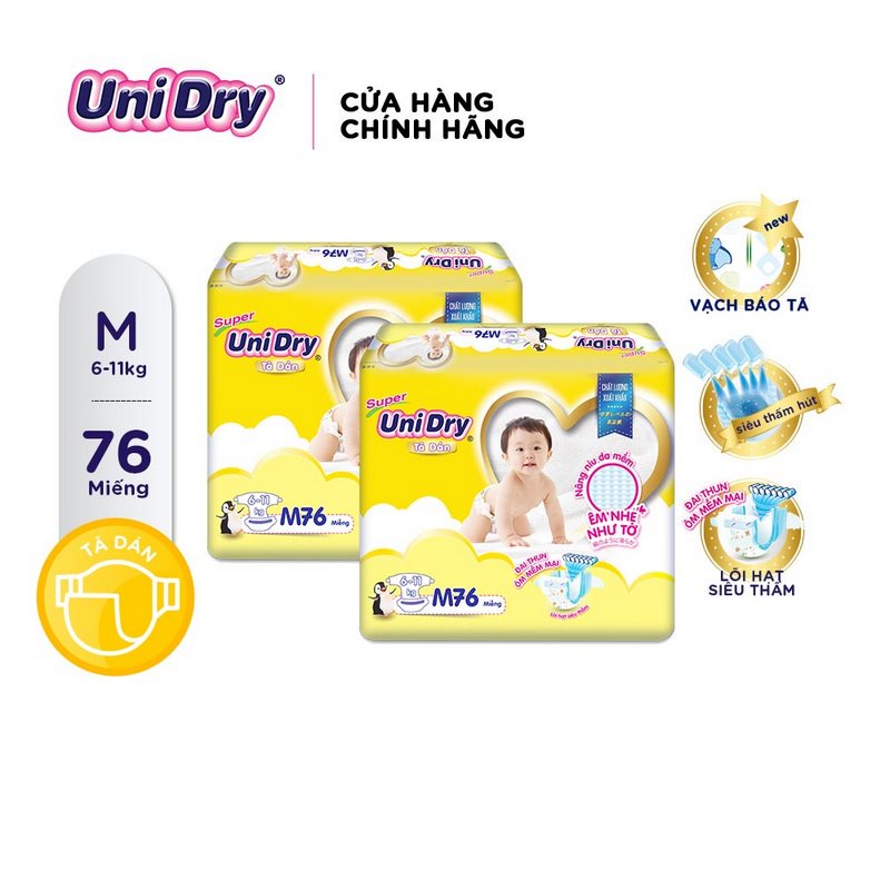 Combo 2 Tã dán UniDry Siêu khô thoáng gói Super Jumbo size M76/L68/XL62