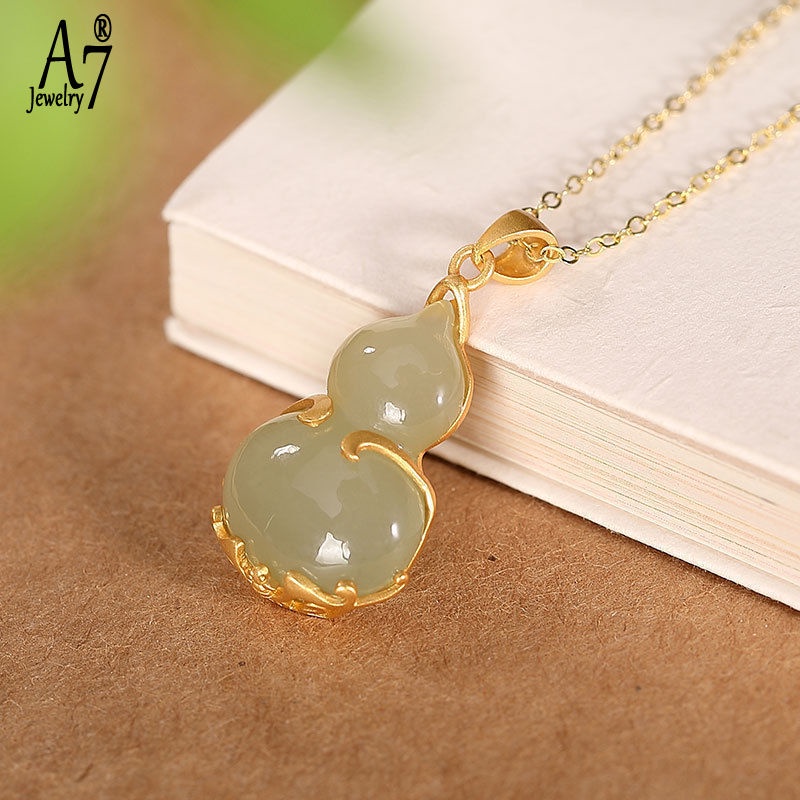 Vòng cổ Bạc S925 Mặt Ngọc Bích Xanh Lá Phong Cách Fu Lu Shou Khí Chất Cho Nữ