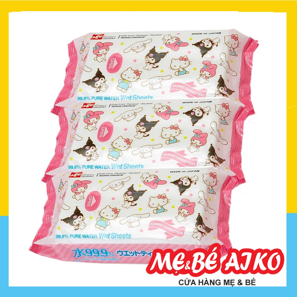 [Combo 3 gói] Khăn Ướt LEC tinh khiết 99.9% Sanrio E90345 nội địa nhật  (80 tờ/gói x 3 gói)