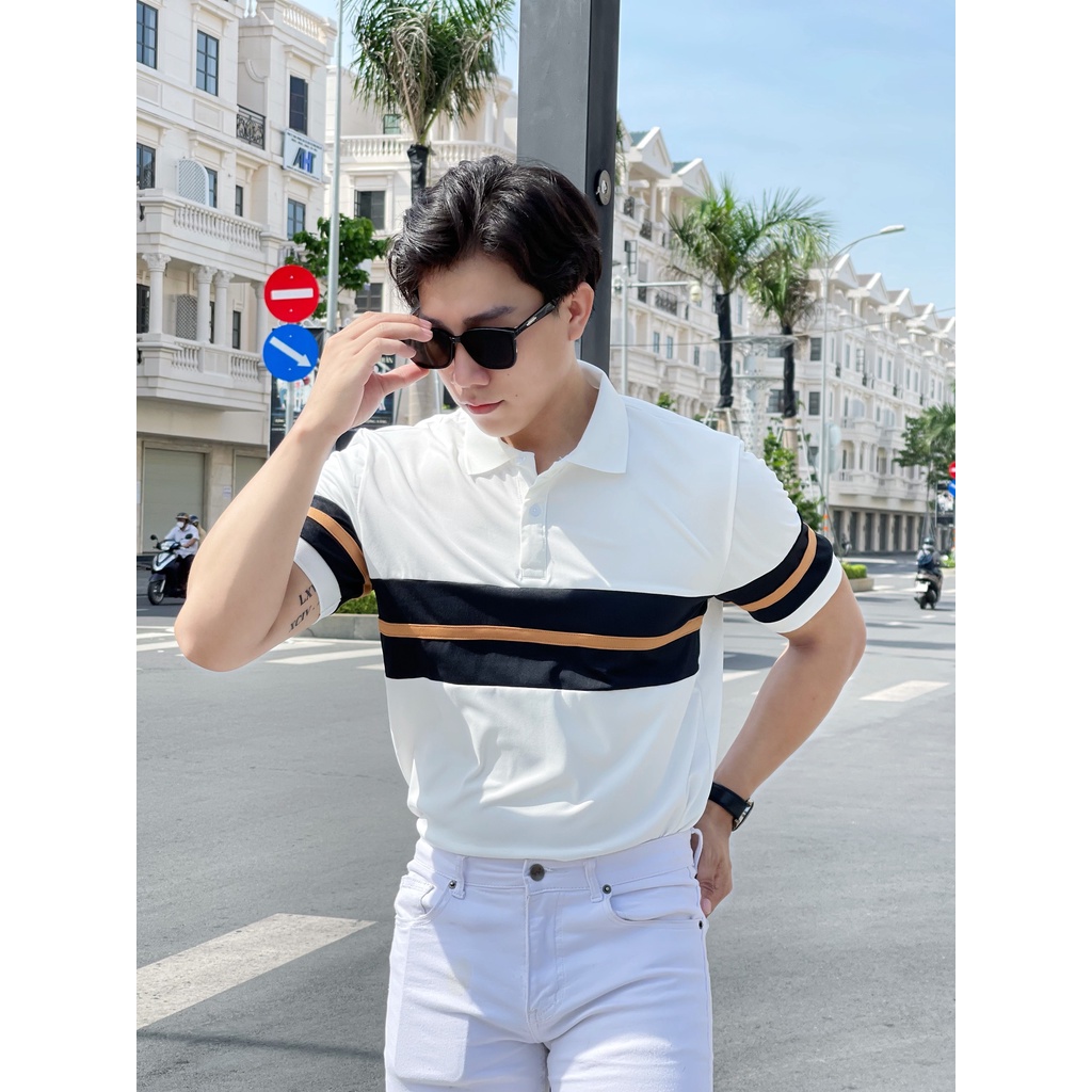 ÁO THUN POLO NAM MÀU TRẮNG PHỐI SỌC NGANG CAM ĐEN - MẶC CỰC ĐẸP TRAI