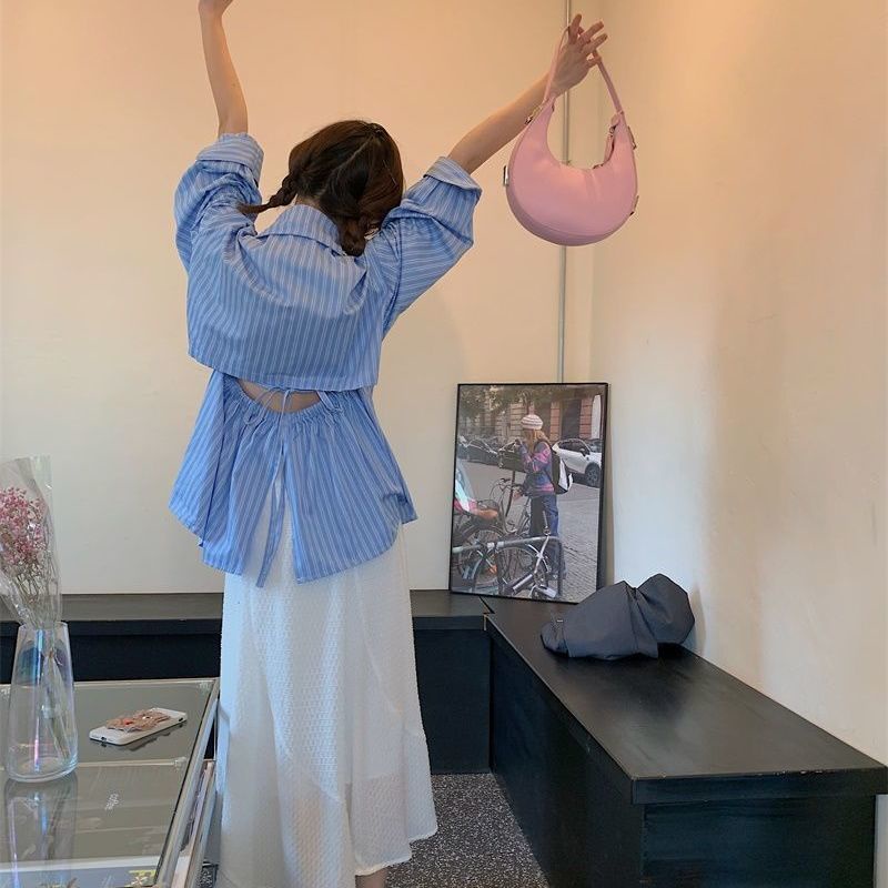 Áo Sơ Mi Cổ Yếm Tay Dài Dáng Suông Họa Tiết Kẻ Sọc Xanh Dương Thời Trang Mới Cho Nữ 2022 | BigBuy360 - bigbuy360.vn