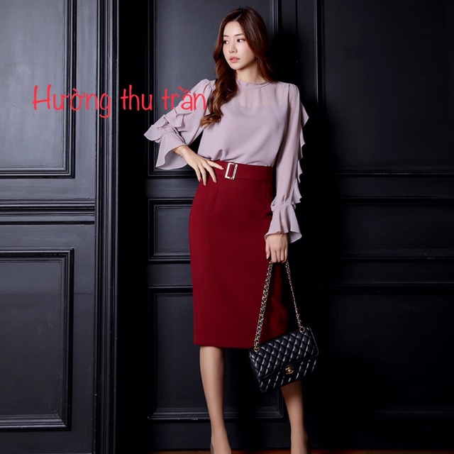 Chân váy công sở phối đai vuông