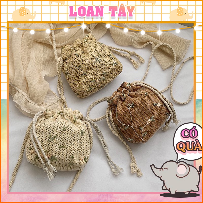 Túi Cói Miệng Gút Thêu Hoa Xinh Xắn Túi Cói Đi Biển L1323