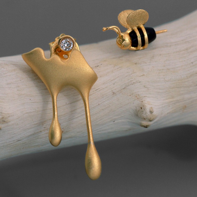 INF 1 Pair Handmade Fine Jewelry 18K Gold Bee And Honey Drops Asymmetrical Stud Earrings For Women 925 Silver Jewelry Gifts