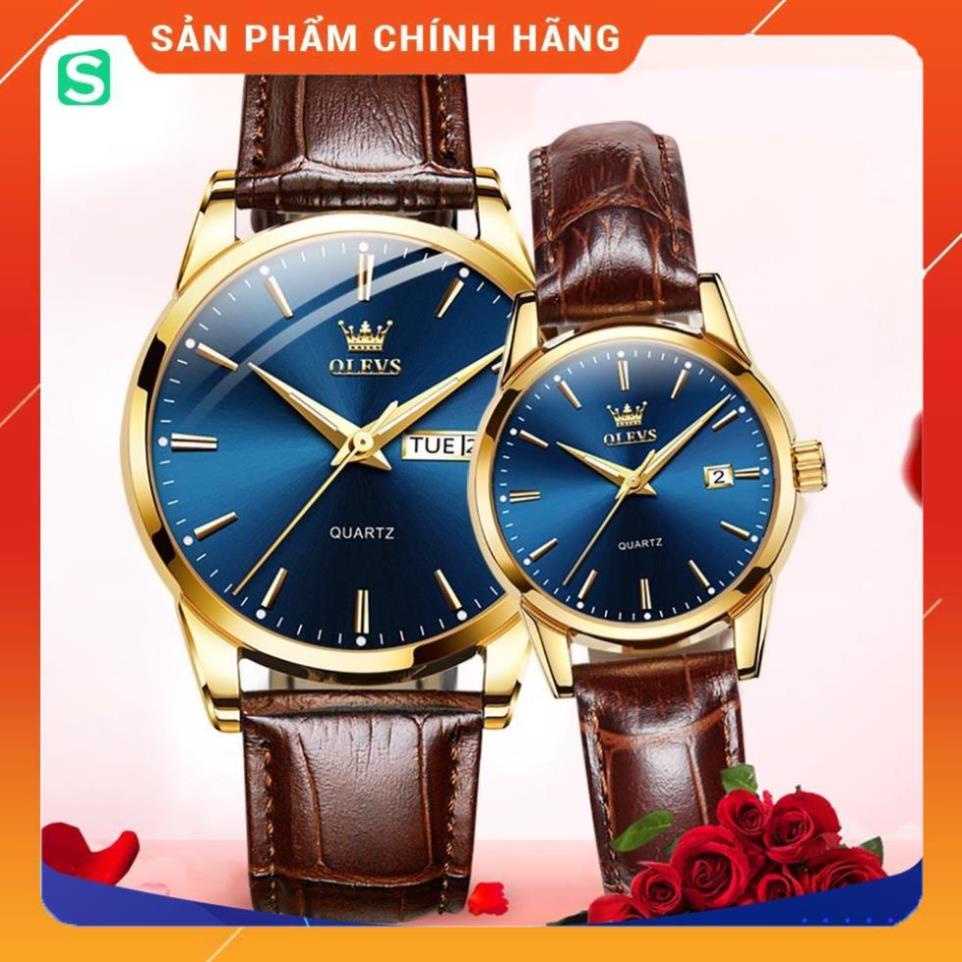 Đồng hồ đôi Olevs Nhật Bản,chống thấm nước,dây da cao cấp,dạ quang,thạch anh,mặt tròn