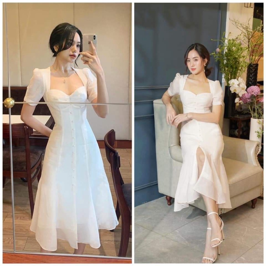 Đầm váy midi nữ trắng ☔️voan xốp ☔️ dáng xoè dài xếp ly ivy.fashion đi biển dự tiệc dạo phố bigsize cổ V tay ngắn xẻ tà