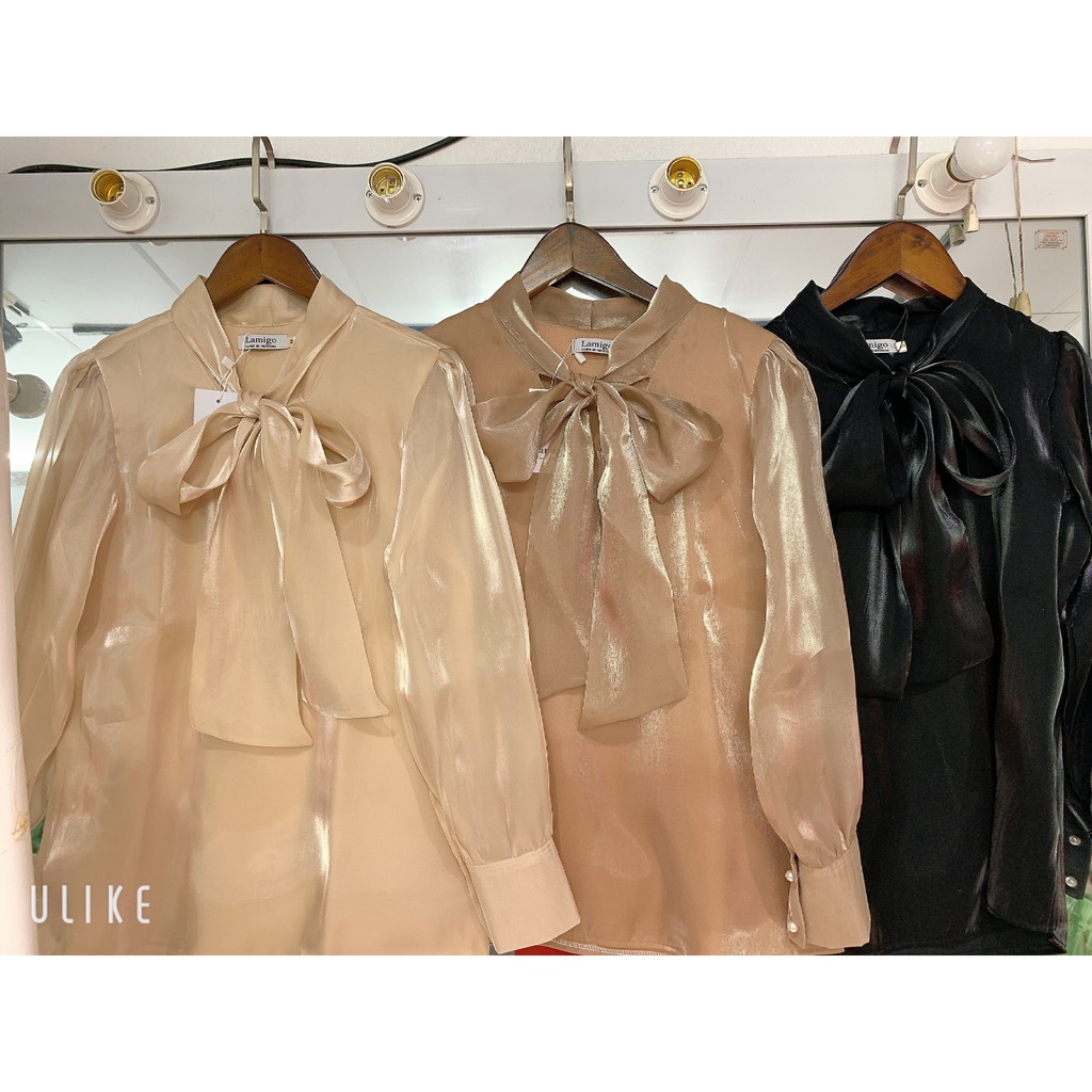 Áo sơ mi nữ công sở tay bồng vải organza/ tơ sống, nơ to bản 2 lớp
