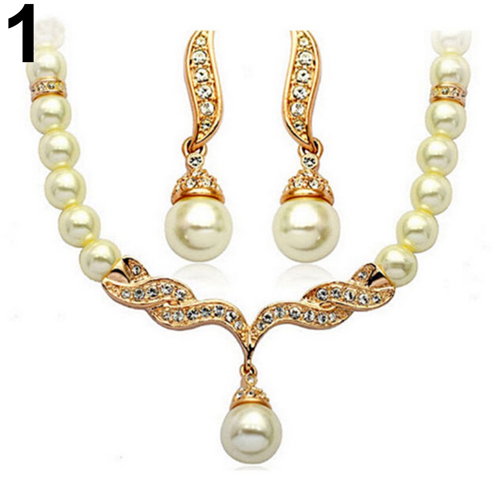 Bộ Vòng cổ + Bông Tai Đính Ngọc Trai Nhân Tạo Thời Trang Cho Cô Dâu