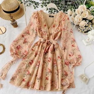 [Hàng Order] Đầm voan hoa cổ chữ V tiểu thư đầm nữ váy nữ Đ53