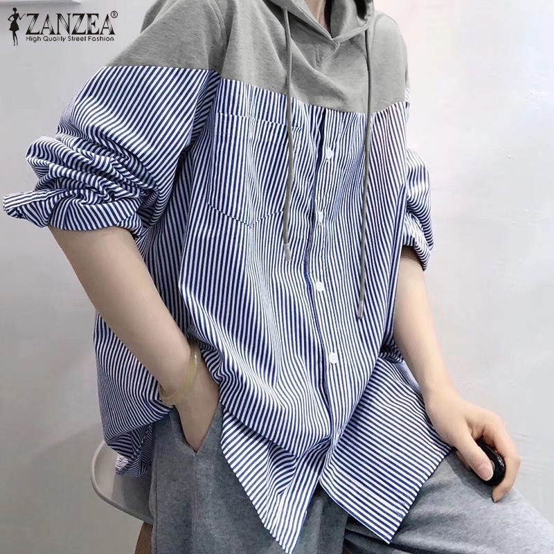 Áo sơ mi ZANZEA dáng rộng tay dài họa tiết kẻ sọc có mũ trùm đầu đơn giản cho nữ
