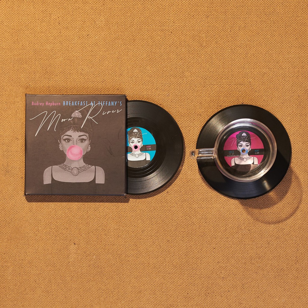Bộ 2 Lót ly Hình Đĩa Than Album Audrey Hepburn Moon River - CS008