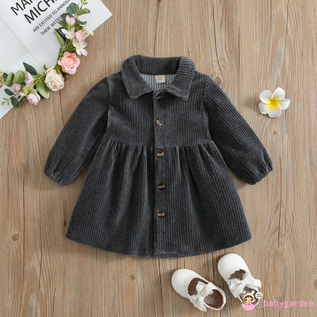 Đầm Nhung Chữ A Tay Dài Cổ Bẻ Cài Khuy Thời Trang Cho Bé Gái 6 Tháng - 4 Tuổi