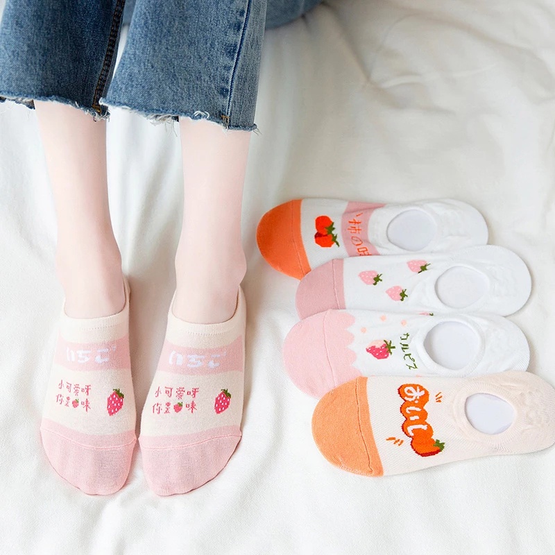 1 Đôi Tất Ngắn Bằng Cotton Chống Trượt In Hình Trái Cây Thời Trang Mùa Hè Cho Nữ