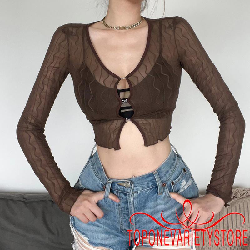 Áo Croptop Tay Dài Màu Trơn Khóa Kim Loại Xuyên Thấu Thiết Kế Đơn Giản Cho Nữ