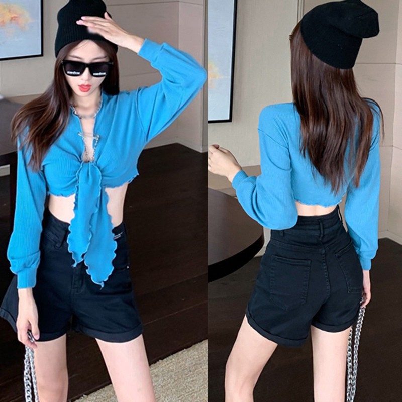  Ladies Sexy V-Neck Long Sleeve Strap Bandage Short Jacket Cardigan