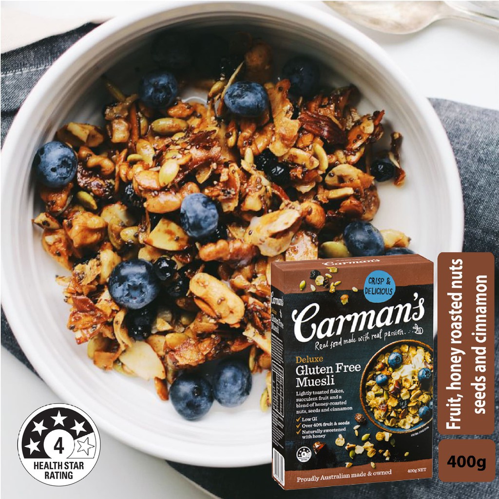 Ngũ Cốc Giảm Cân Carman's Nguyên Hạt Ăn Kiêng Trái Cây và Hạt Khô Cao Cấp - Deluxe Gluten Free Muesli - Hộp 400g