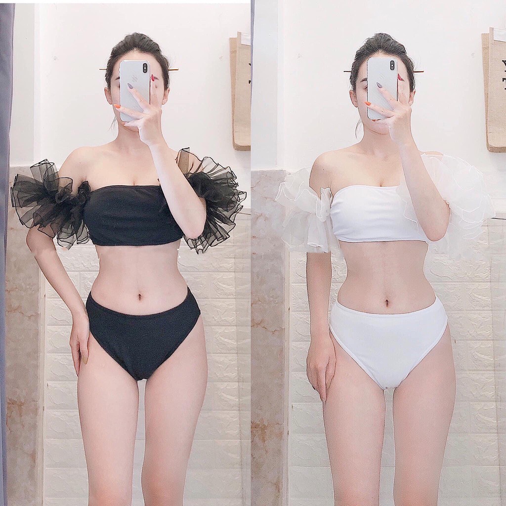 Bikini 2 mảnh áo quây tay voan kính xoè đen trắng xinh xắn R10