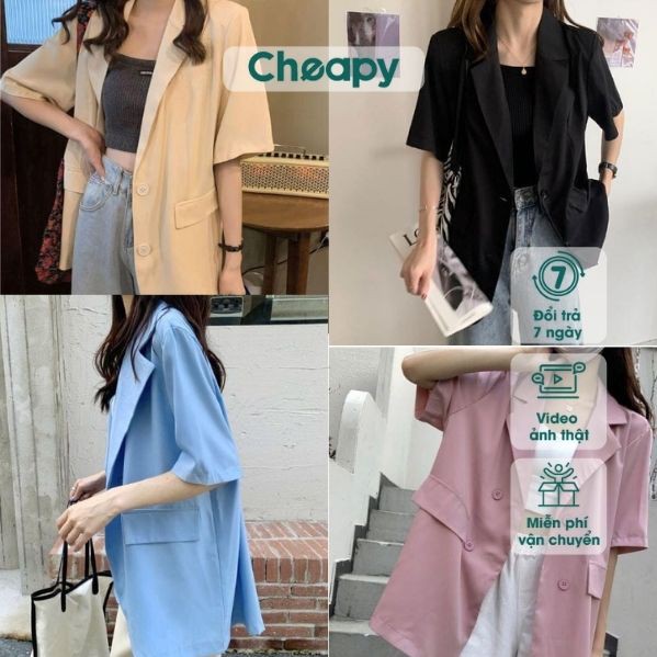 Áo blazer cộc tay 2 túi nữ áo vest khoác ngoài phong cách hàn quốc màu đen trắng be hồng xanh lá 1 lớp cheapy C469 | BigBuy360 - bigbuy360.vn