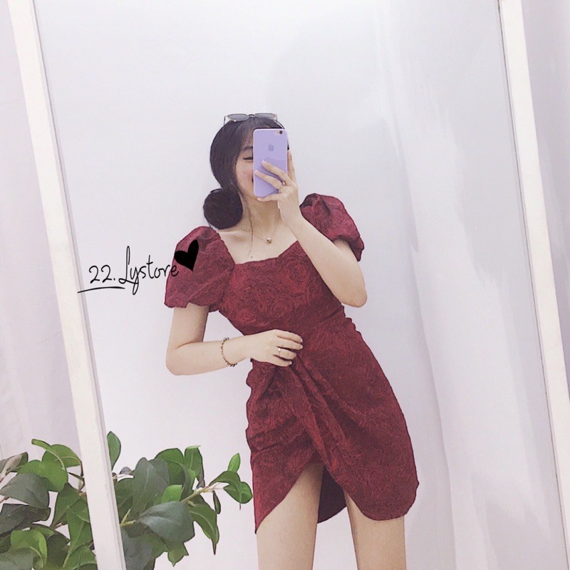 ĐẦM gấm đỏ tay phồng xẻ có lót quần - 22.Lystore