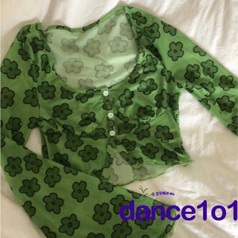 Áo Croptop Tay Loe Dài In Hoa Thời Trang Cho Nữ