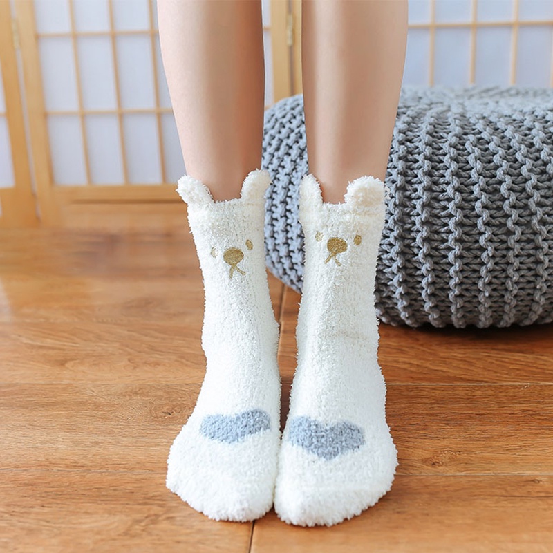 Vớ ngủ lông cừu san hô mềm mại giữ ấm họa tiết mèo dễ thương cho nữ