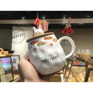 🌸Ly gốm sứ có nắp gỗ thỏ con dễ thương Hello rabbit🌸