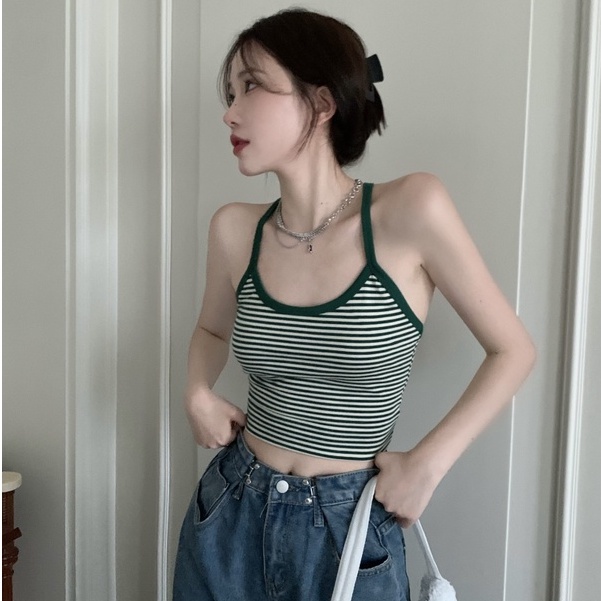 Áo Hai Dây Hở Lưng Họa Tiết Kẻ Sọc Phong Cách Hàn Quốc Quyến Rũ Cho Nữ