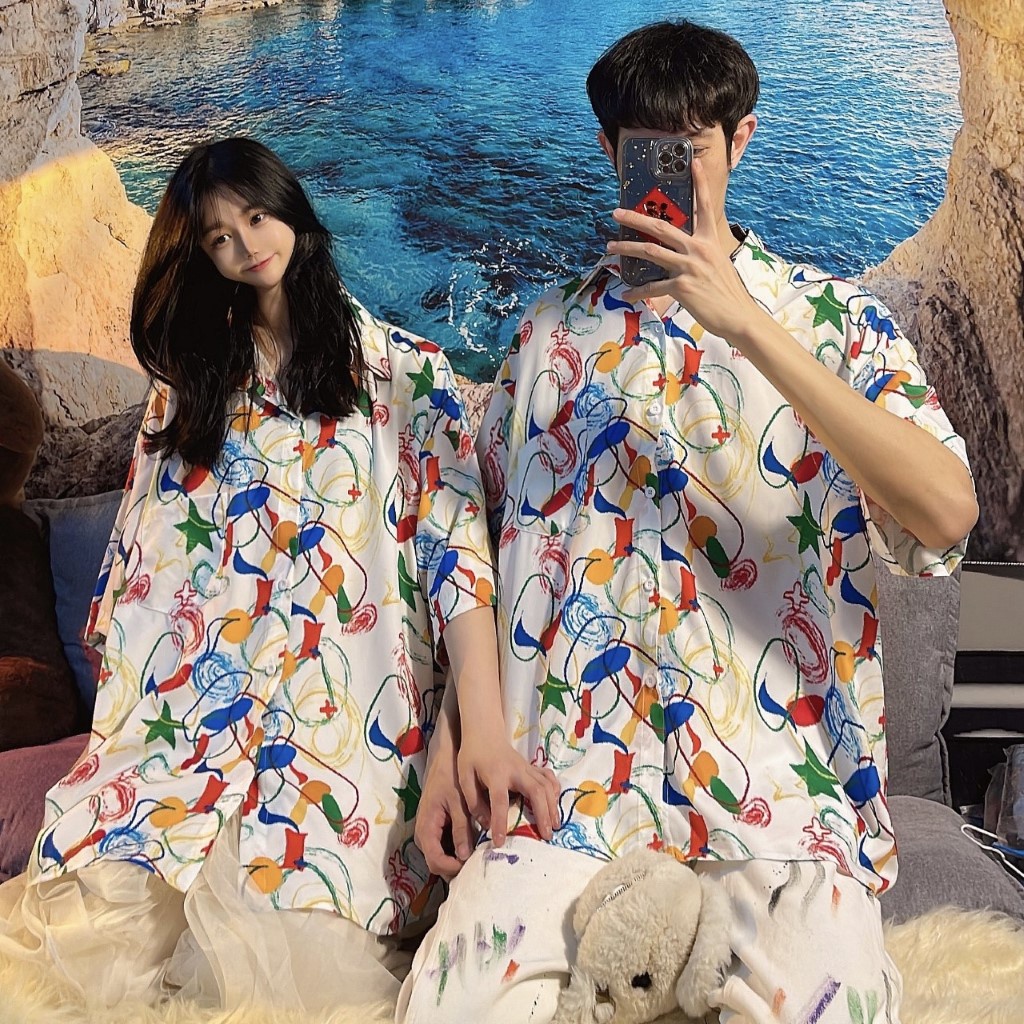 Áo sơ mi họa tiết unisex from rộng nam nữ , sơ mi nam nữ vải voan lụa mịn mát free size 40kg - 70kg