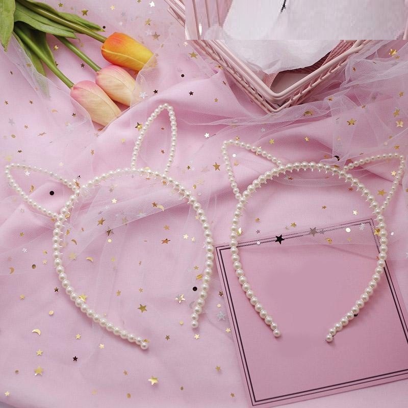 Cài tóc tai thỏ đính ngọc trai dễ thương cute tai mèo đính nơ