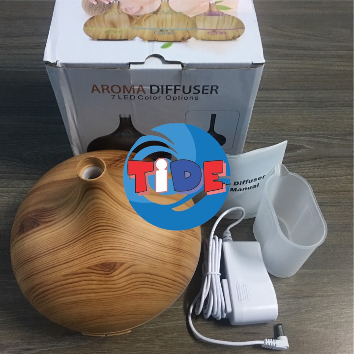 Thiết bị khuếch tán tinh dầu Aroma AM001D – Thiết kế bầu rượu vân gỗ – Dung tích 400ml - Led 7 màu – Bảo hành 1 năm