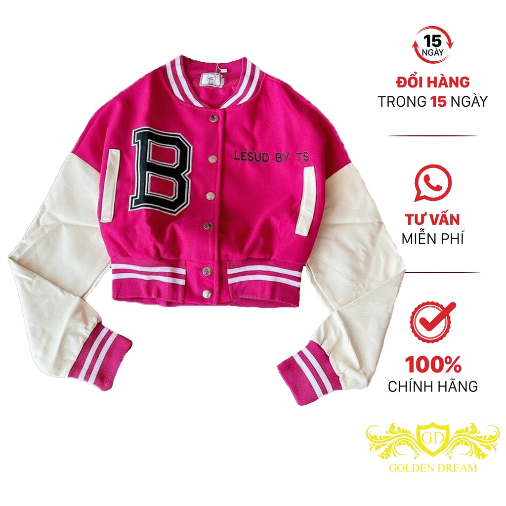 Áo khoác bomber Nữ croptop GOLDEN DREAM Thêu Chữ B Phối tay trắng GOLDEN DREAM