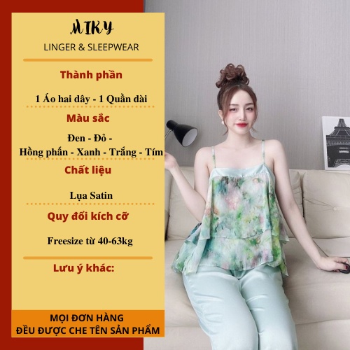 Đồ Bộ Mặc Nhà Hai Dây Mix Quần Dài Nữ Đồ Ngủ Nữ Họa Tiết Lá Cây Chất Liệu Lụa Cao Cấp Freesize