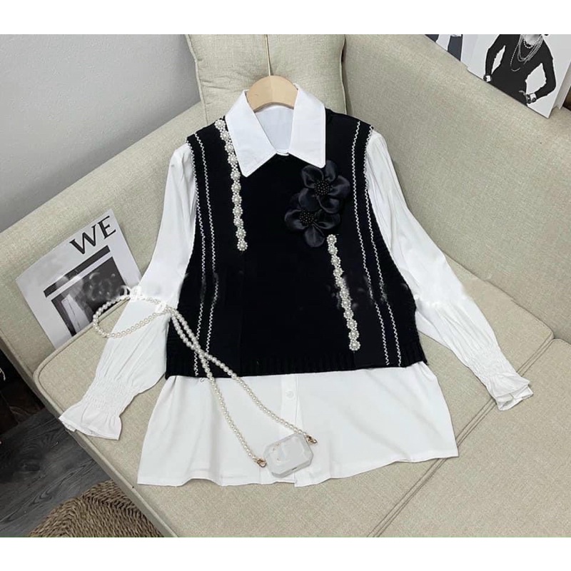 Set áo sơ mi tay bo chun kèm áo gile cài hoa trà
