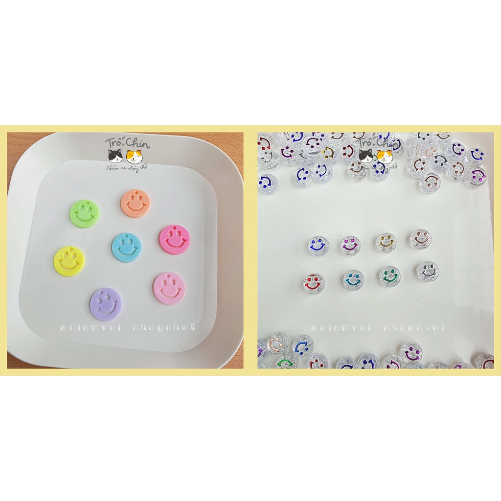 Set 10 charm mặt cười dạng đồng xu và dạng hạt, nhiều màu để chọn lựa