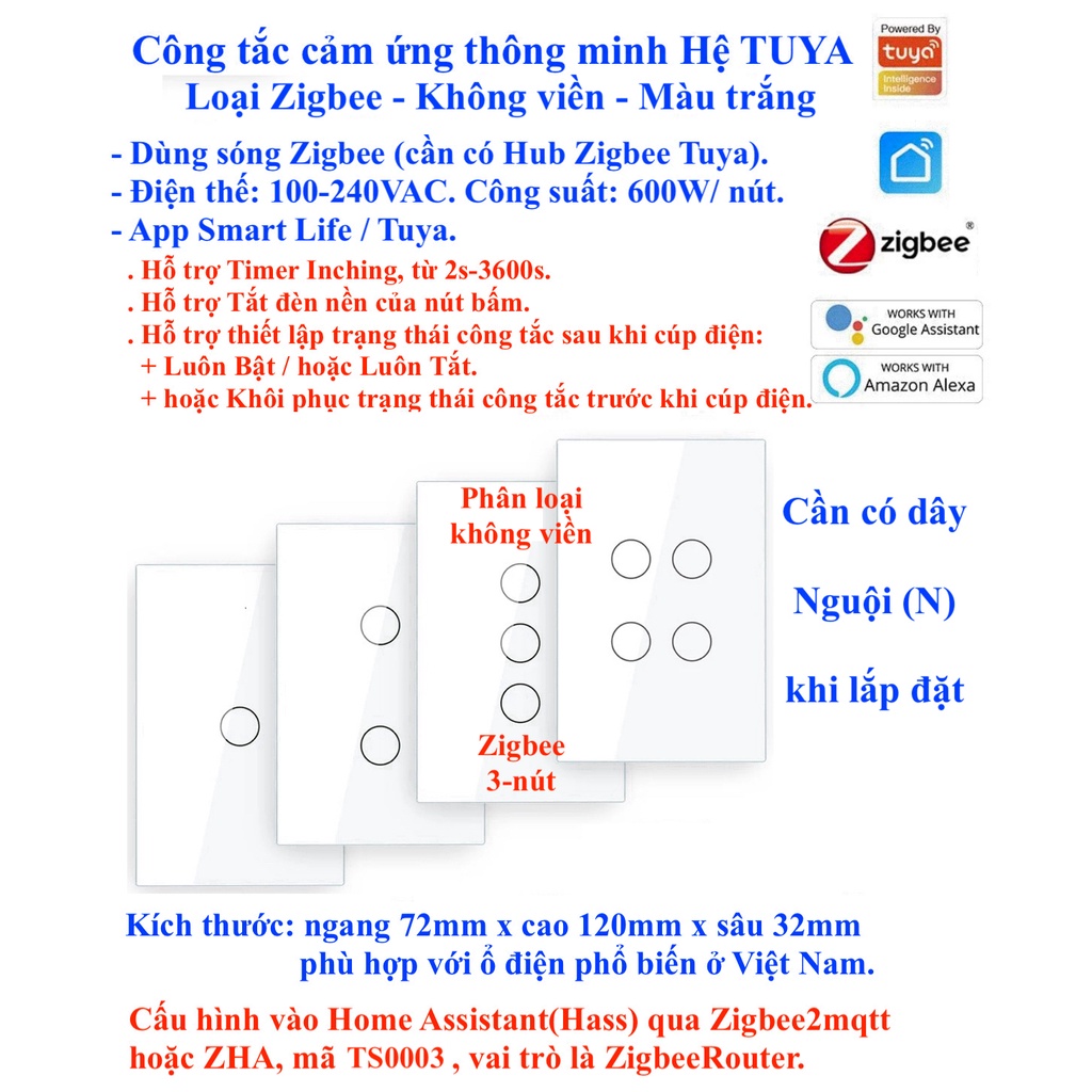 Công tắc thông minh, Zigbee, App Smart Life / Tuya Smart / Home Assistant (Hass) -