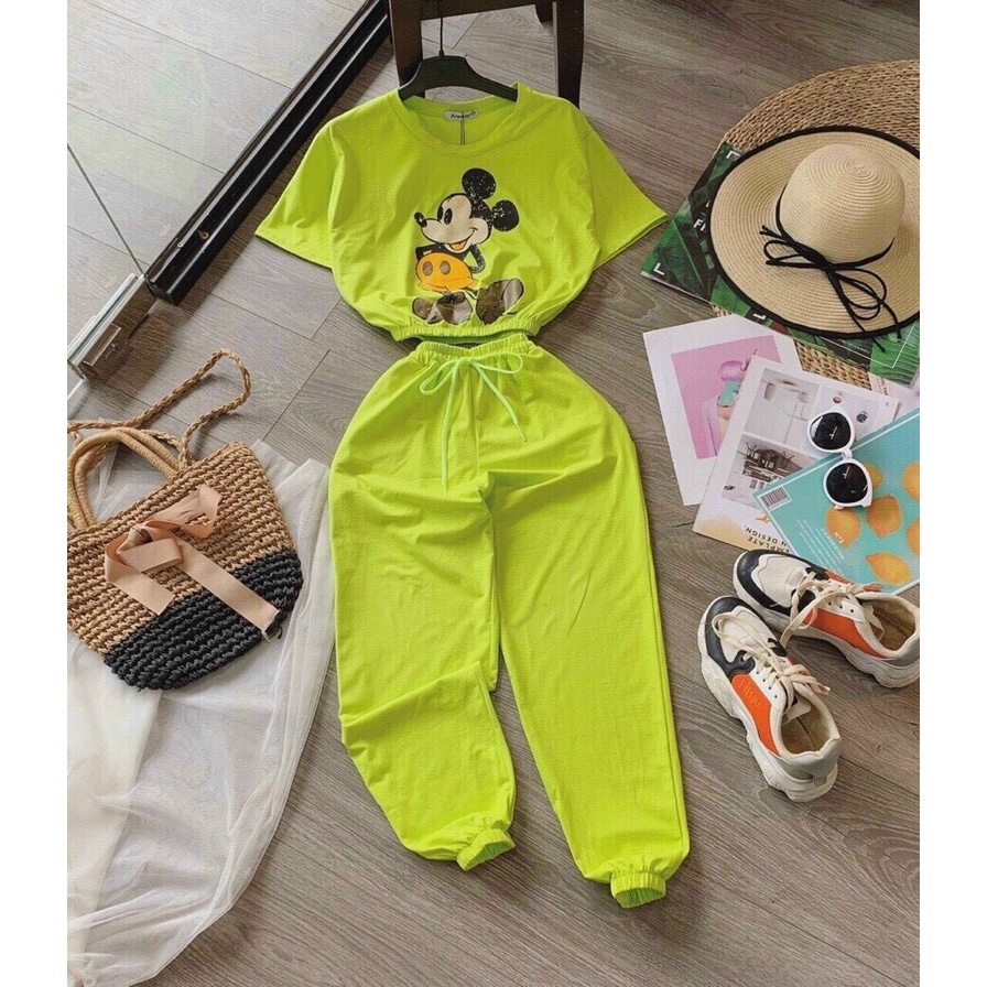 Set bộ da cá in mickey, bộ thun croptop tay ngắn in hình chuột quần ống túm đi chơi cá tính
