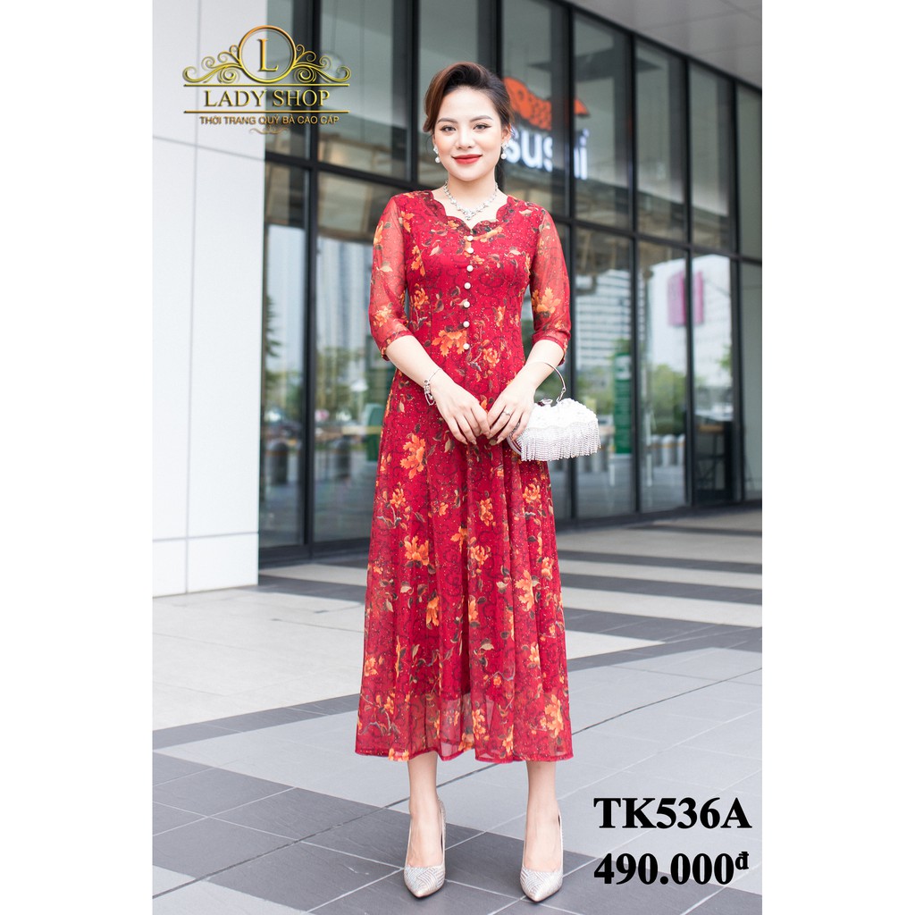 VÁY ĐẦM QUÝ BÀ - THỜI TRANG TRUNG NIÊN CAO CẤP - LADYSHOP - Đầm thun lưới xanh than hoa dâm bụt đính cúc TK536