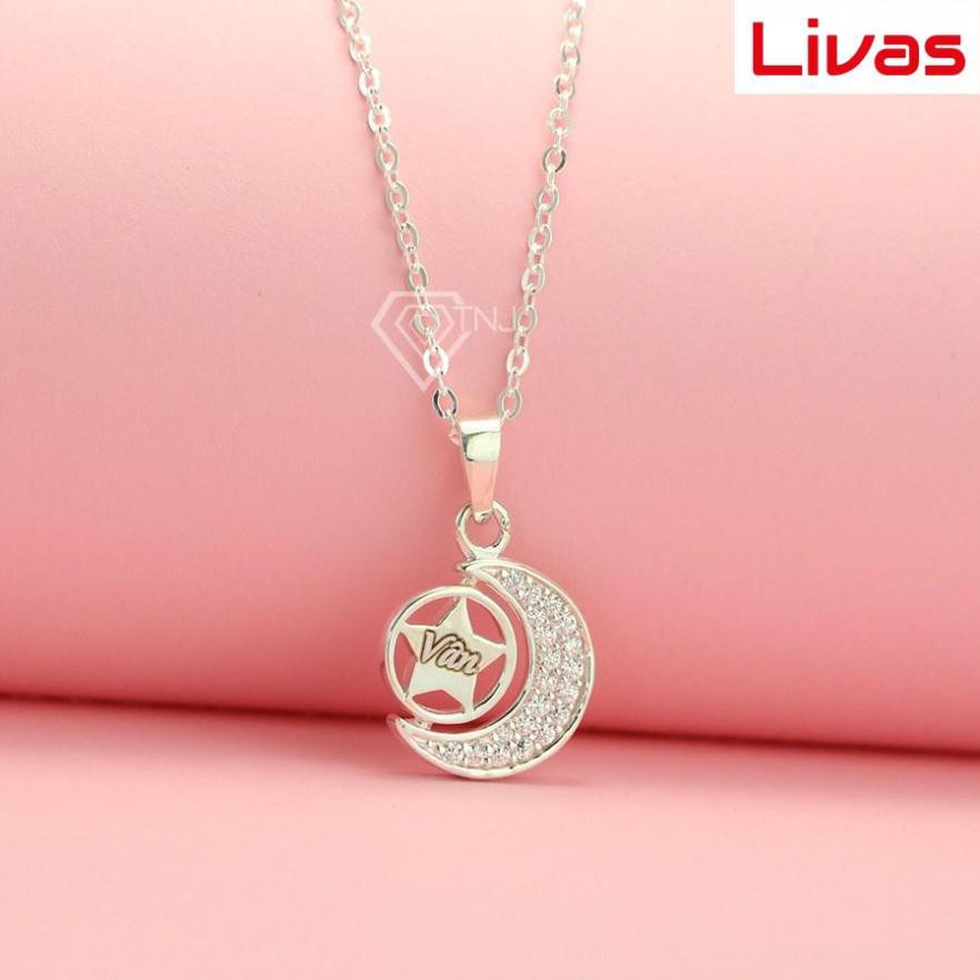 Vòng cổ bạc nữ hình mặt trăng sao đính đá trắng khắc tên theo yêu cầu DCN0436 - Trang Sức LIVAS