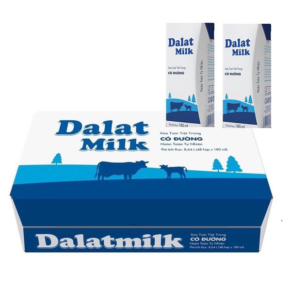 Thùng 48 hộp sữa tươi tiệt trùng có đường Dalat Milk 180ml