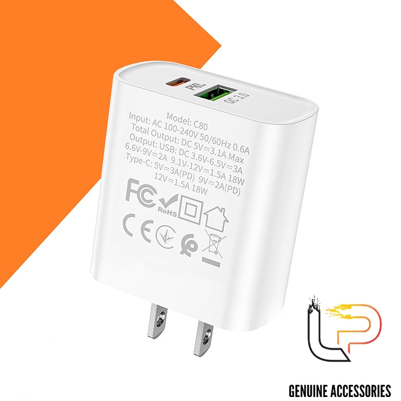 Cốc sạc nhanh hai đầu USB và USB Type-C 20W cho các dòng điện thoại