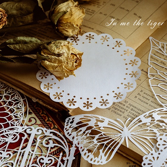 Bộ sticker vintage tấm giấy ren tròn 10cm trang trí Bullet Journal Sổ KLONG, nắp hộp quà STI23 đồ handmade đẹp mắt
