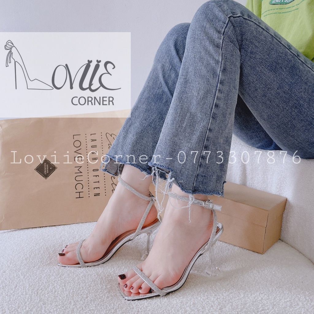 SANDAL CAO GÓT NỮ LOVIIECORNER - SANDAL QUAI MẢNH ĐÍNH ĐÁ - GIÀY CAO GÓT 9 -10 CM DÂY MẢNH GÓT ĐẾ VUÔNG G210311