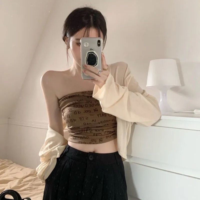 COZOK Set Áo Thun Tay Dài + Áo Khoác cardigan Sát Nách Dáng Ngắn In Chữ Trẻ Trung