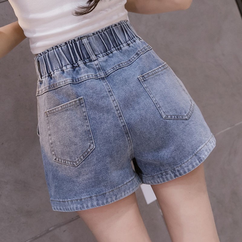 Quần jean✾✸♟quần short denim nữ mùa hè thụng rộng học sinh hàn quốc xẻ tà lưng thun mỏng đa năng cạp cao thời trang