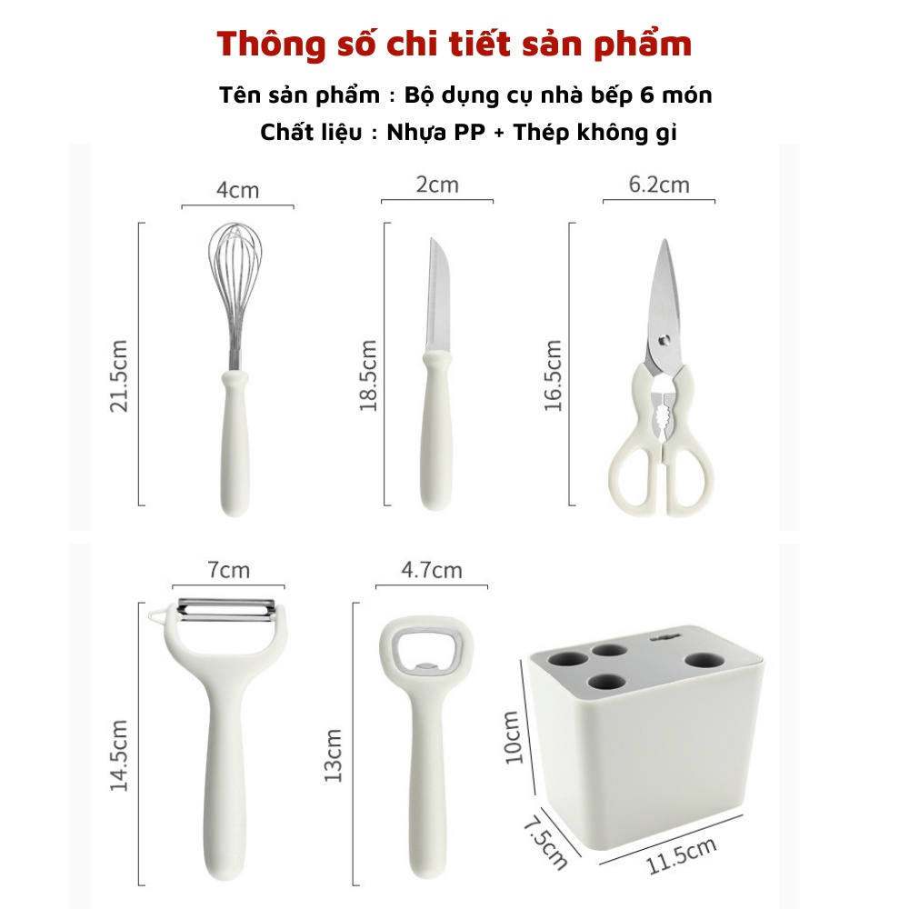 Bộ dụng cụ nhà bếp 6 món đồ dùng tiện lợi nấu ăn gồm dao gọt dao nạo vỏ kéo mở bia đánh trứng có kệ cắm