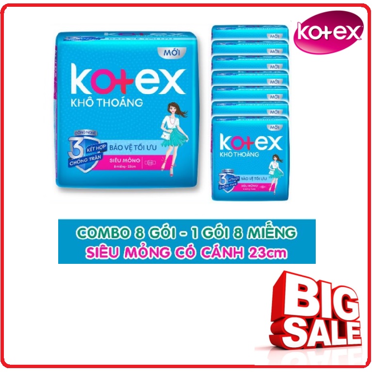 Combo Lốc 8 Gói Băng Vệ Sinh KOTEX Khô Thoáng Gói 8 Miếng 23cm