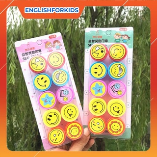 Bộ 10 Con Dấu Lời Khen Thưởng Hình MẶT CƯỜI bằng nhựa mộc sáp đóng dấu stamp cho bé